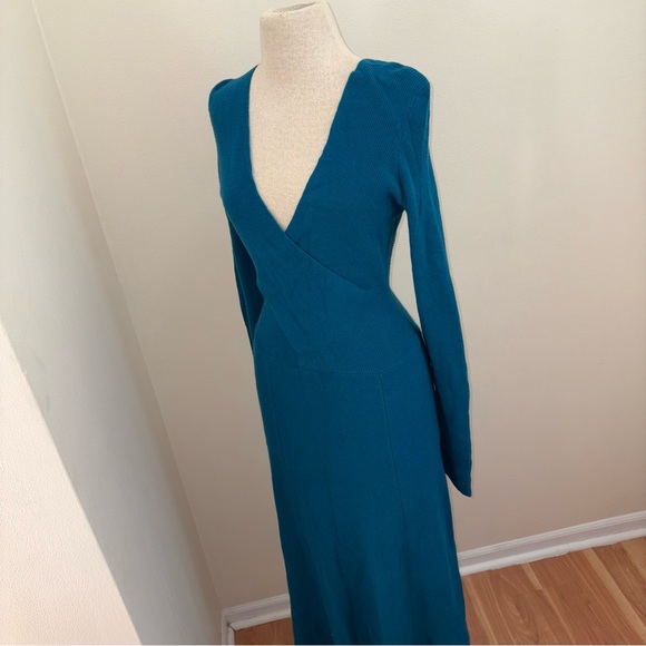 Tome Runway Teal Ribbed Merino Wool V Neck Long Sleeve Maxi Dress Size Medium - Picture 11 of 15